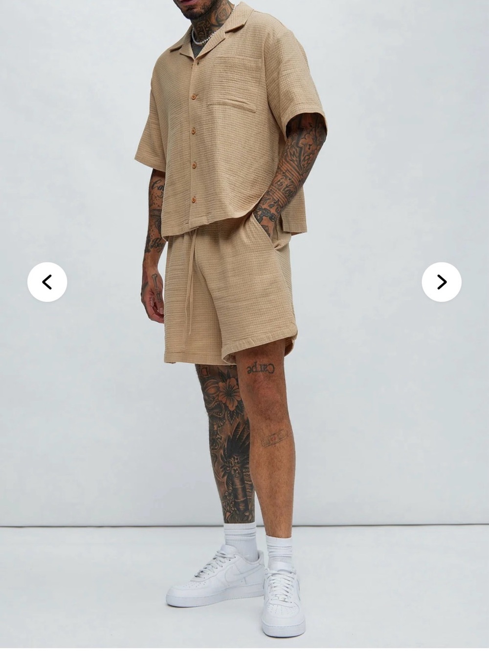 FashionNova Men’s Casual Waffle-Knit Button Up Shirt and Drawstring Shorts - Tan